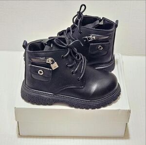 Kids Combat Boots Unisex Ankle High Black PU Size 29 Lace-Up Zip Platform Winter